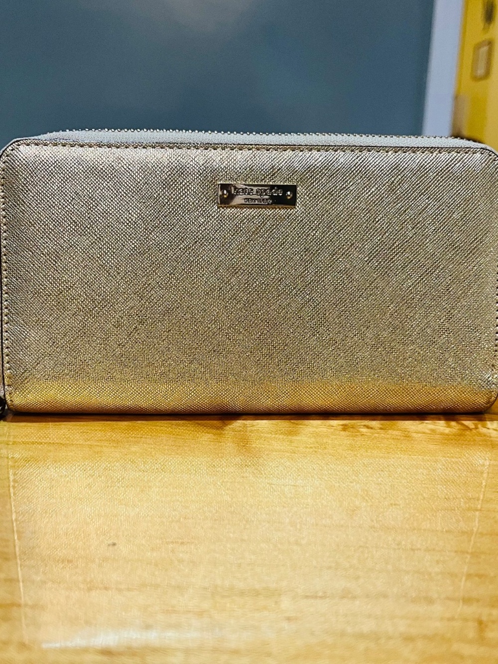 Kate Spade Gold Metallic Saffiano Leather Zip Around Wallet/Wristlet